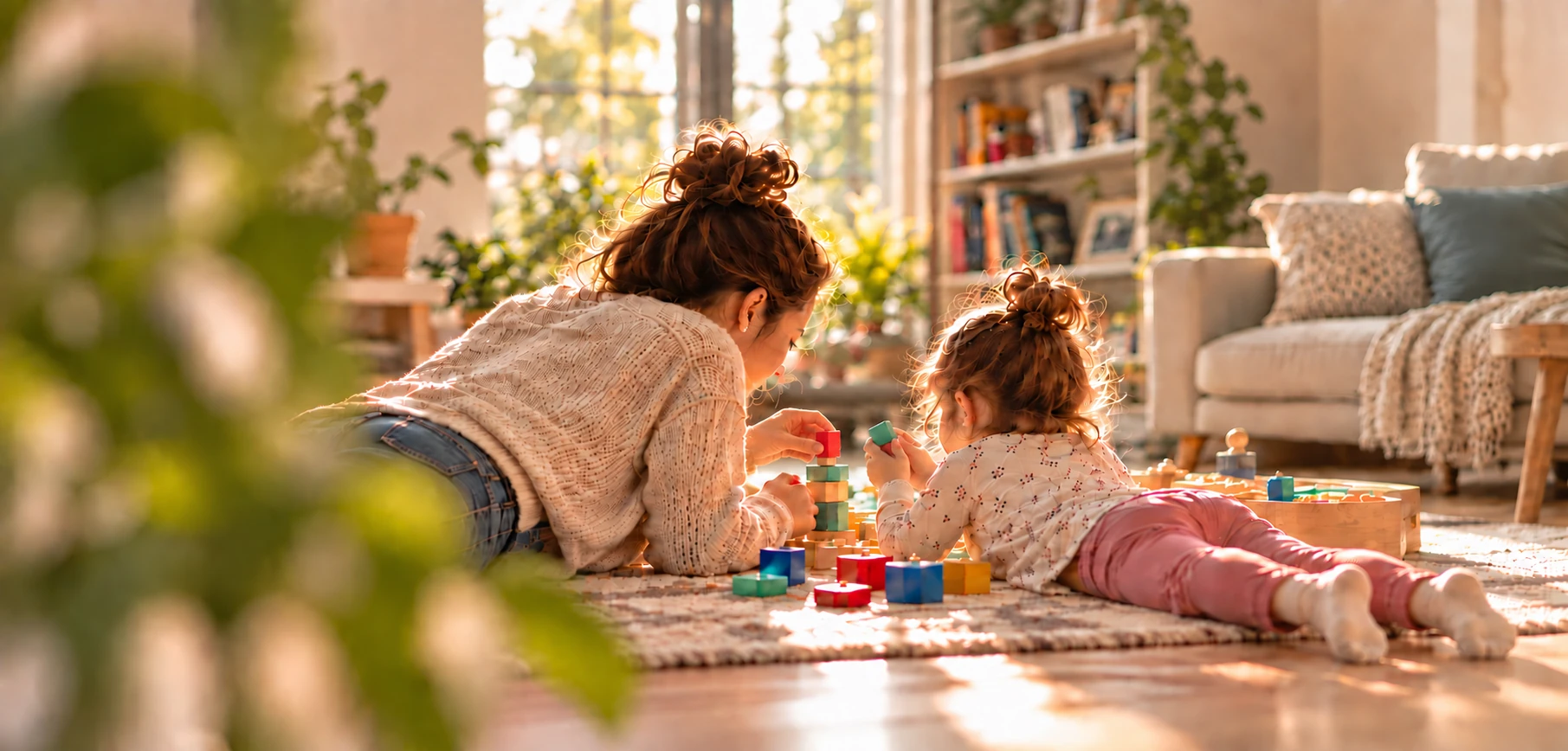 Una madre comparte juegos manuales con una niña como parte de sus rutinas cotidianas